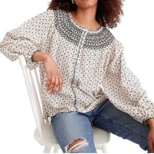 Madewell cream black floral peasant yoke top button blouse cotton size s small